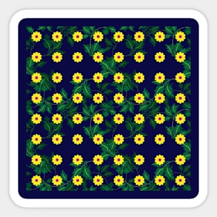 Yellow daisies with Cerise centres over layers of vine leaves on a Navy Blue background Sticker